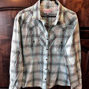 Panhandle Slim Women's Plaid Button Down Shirt - Blue and Brown